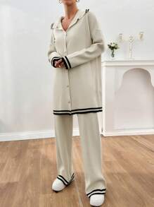 EURMUSE Women Stripe Pattern Pocket Detailed Front Button Cardigan & Sweater Pants Set - Beige - View 5