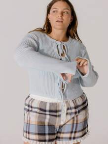 Aralina Curve Cozy Button-Front Ruffle Hem Contrast Flannel Boxer Shorts - Blue - View 8