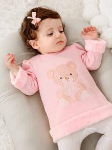 SHEIN Newborn Baby Cute Bear Print Patchwork Fluffy Warm Dress, Suitable For Outgoing In Autumn/Winter - Multicolor - View 5