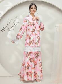 Graceveil Baju Kurung Lace Patchwork Long Sleeve Casual Long Cheongsam Modest