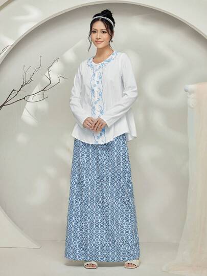 Graceveil Baju Kebaya Outfit: Contrast Color Lace Embroidered Long Sleeve Blouse And Full Print Skirt Set Modest