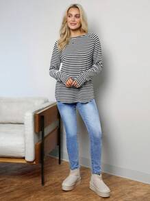 Wildy Women's Casual Loose Fit Black & White Striped Long Sleeve T-Shirt, Nautical Style, Autumn - Black and White - View 6
