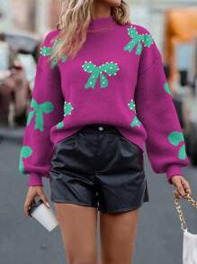 SHEIN LUNE 女士休闲蝴蝶结装饰立领落肩长袖套头毛衣，秋冬针织套头衫 - 紫色 - 查看 1