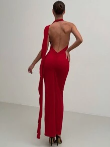 Aloruh 领口系带深 V 紧身红色舞会礼服，3D 花卉长裙，适合圣诞节、情人节 - 紅色 - 查看 6