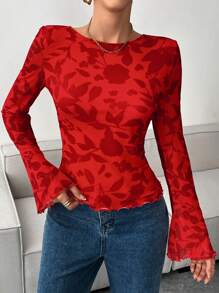 SHEIN Essnce 秋季时尚性感花卉印花系带露背喇叭袖红色长袖 T 恤 - 紅色 - 查看 8