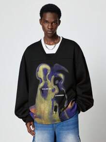 ROMWE MEN Street Life Men's Autumn Letter & Abstract Graphic Print Long Sleeve Pullover Sweatshirt, Street Wear
