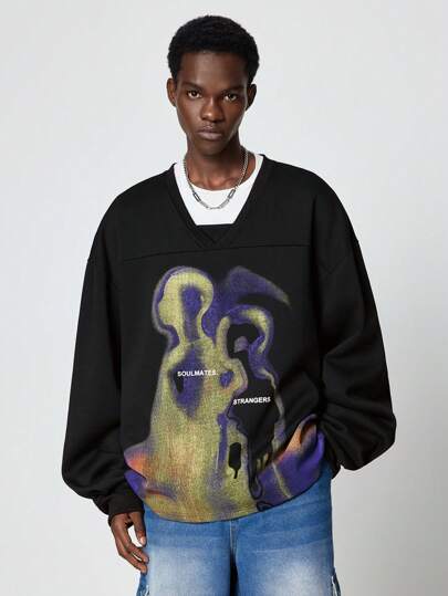 Street Life Pull over à manches longues avec imprimé de lettre et graphique abstrait pour hommes, streetwear d'automne