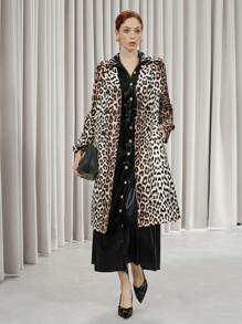 Aveloria Modichic Retro Leopard Print Canvas Belt Double-Breasted Design Fashionable Mid-Length Trench Coat, Autumn/Winter Fall Cloth For Women - Multicolor - View 6
