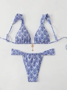Swim Vcay Women's Summer Blue & White Porcelain Print Spaghetti Strap Metal Pendant Sexy Bikini Set - Blue and White - View 3