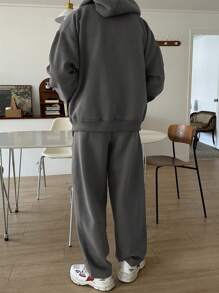 DAZY 2pcs/Set Men Hooded Sweatshirt & Drawstring Pants, Dark Grey, Autumn - Dark Grey - View 2