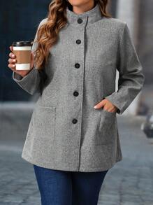 SHEIN LUNE Elegant Solid Color Pocket Overcoat For Plus Size Women, Autumn/Winter - Grey - View 1
