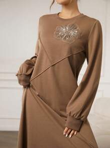 Mulvari Embroidered Beaded Ribbed Sleeve Round Neck Dress Sweatshirt For Women, Autumn/Winter - Mocha Brown - View 6