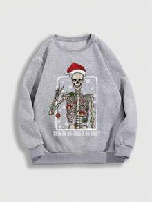 ROMWE Goth Sweatshirt Fleece Motif Tengkorak Natal Abu-abu Gelap Ukuran Besar - Light Grey - View 1