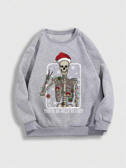 Goth Sudadera de felpa con estampado de esqueleto navideño de color gris oscuro, talla grande