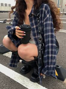 DAZY 复古格子女士休闲落肩长袖单排扣衬衫，秋季，法兰绒女士 - 藏蓝色 - 查看 8