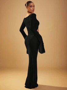 Hauture Đầm maxi dự tiệc tay dài, vạt xòe và cổ tay khoét hở. - màu đen - Xem 3