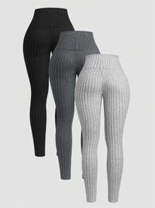 INAWLY 3 piezas Leggings de mujer de un solo color acanalados - Multicolor - Ver 2