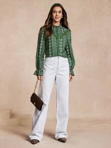 Almamuse Women's Fresh Printed Lace Patchwork Blouse Fall Cloth For Women - Green - View 5