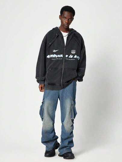 Street Life Felpa con cappuccio da uomo vintage, lavata, con stampa di slogan e zip anteriore