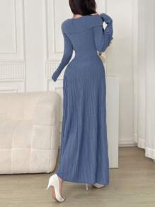 Feyla Women's Solid Color Lapel Long Sleeve Casual Long Sweater Dress In Fall/Winter - Blue - View 6