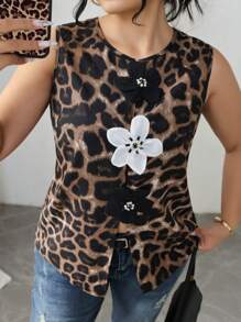 Flirla Plus Size Women 3D Flower Decor Leopard Print Split Back Tank Top Graphic Cheetah Print Tees Women Tops - Black - View 3