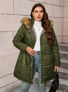 SHEIN LUNE Áo khoác mùa đông cỡ lớn có mũ trùm đầu có cổ lông thú Quần áo mùa đông cho phụ nữ Áo khoác cách nhiệt bằng lông cừu Quần áo mùa đông Quần áo mùa đông cong Quần áo năm mới cho phụ nữ - xanh quân đội - Xem 4