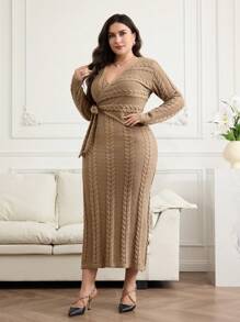 Modelyn 大码女式纯色裹身结长袖修身毛衣裙，秋冬款 - 卡其色 - 查看 5
