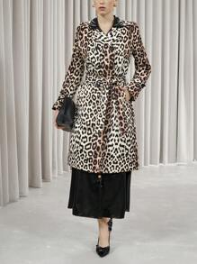 Aveloria Modichic Retro Leopard Print Canvas Belt Double-Breasted Design Fashionable Mid-Length Trench Coat, Autumn/Winter Fall Cloth For Women - Multicolor - View 4