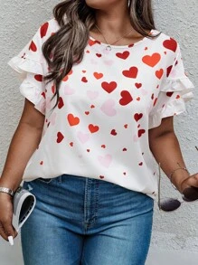 SHEIN LUNE Camisa con estampado de corazón para tallas grandes, para el verano - Rojo y blanco - Ver 3