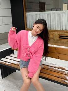 SHEIN MOD Damen Pullover + Schleife Verzierung, minimalistischer Lässig Stil für den täglichen Gebrauch - Pink - Übersicht 5