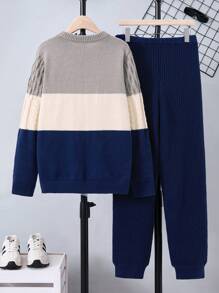 Teen Boys Color Block Textured Knit Sweater And Elongated Pants Set, Suitable For Autumn/Winter Wear