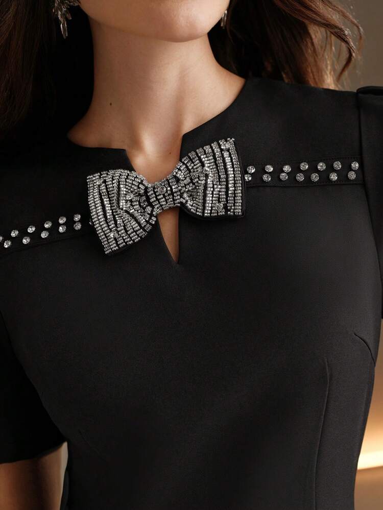 Fashionable Elegant Rhinestone Bow Decor Short Sleeve A-Line Women Dress, Party Wear New Year Eve Outfit