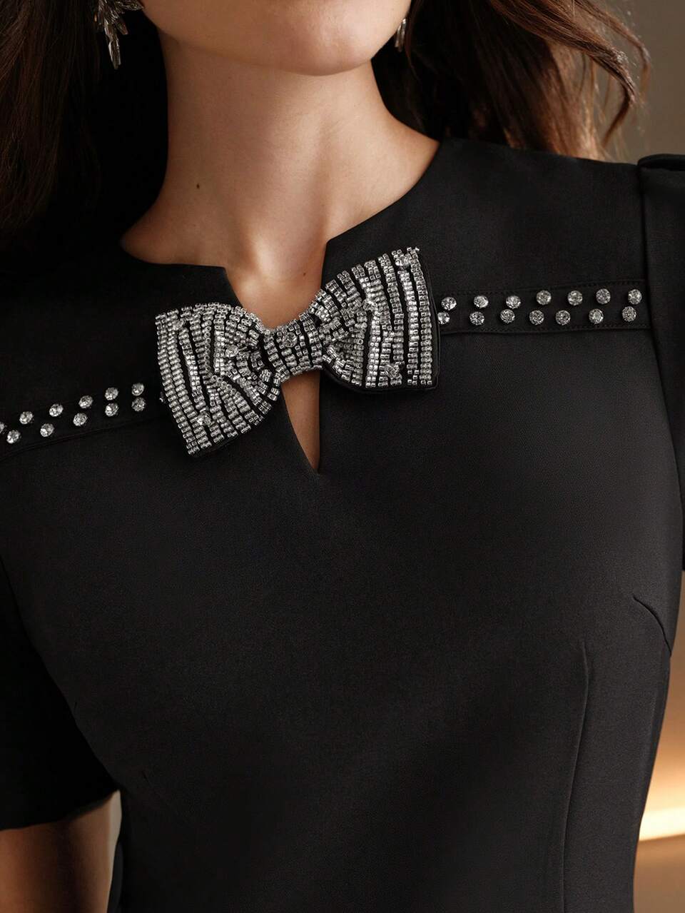Fashionable Elegant Rhinestone Bow Decor Short Sleeve A-Line Women Dress, Party Wear New Year Eve Outfit