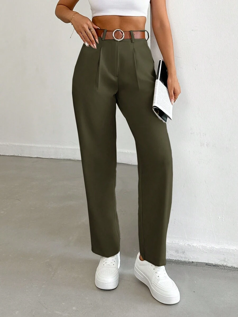 EURMUSE Quần dài đơn sắc xếp ly thẳng rộng rãi thường ngày đi làm hàng ngày cho nữ - xanh quân đội - Xem 1