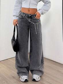 EURMUSE Low Waist Chain Detailed Wideleg Jean - Grey - View 4