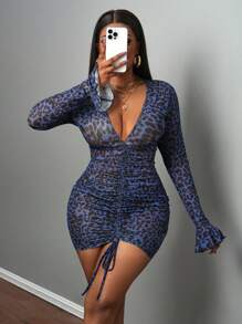 Slaydiva Women's Leopard Print Deep V-Neck Bell Sleeve Sexy Mini Dress