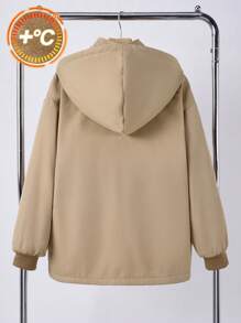 SHEIN Leap Crew Áo khoác dài vừa phải có mũ trùm đầu, khóa kéo, màu kaki, dành cho bé trai tuổi teen, lót giữ nhiệt ấm áp, chống gió, đa năng cho mọi hoạt động hàng ngày, ngoài trời, đi học, thu/đông - Màu Khaki - Xem 2