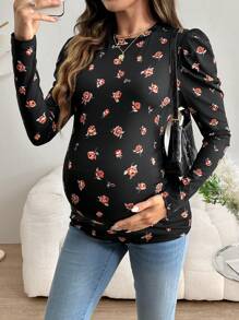 SHEIN Women's Floral Print Crew Neck Puff Sleeve Fitted T-Shirt, Suitable For Spring/Summer, Maternity Friendly