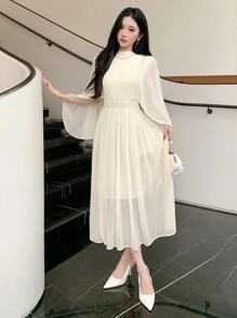 DAZY Women Stand Collar Pleated Ruffle Sleeve Mid-Calf Dress Prom Dress Sundress,Fall Clothes Long Sleeve Dress Wedding Women Dresses Elegant Women Dresses - Beige - View 7