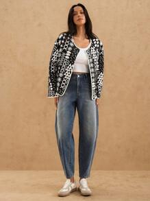 Forever 21 女士几何图案落肩长袖单排扣宽松休闲夹克，秋季 - 黑色 - 查看 3