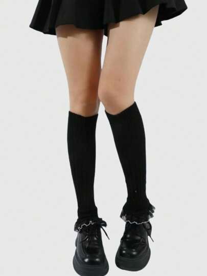 Kawaii 1 Paar Damen Gothic Schwarze Spitze Gestrickte Beinwärmer, geeignet für alle Jahreszeiten, Halloween