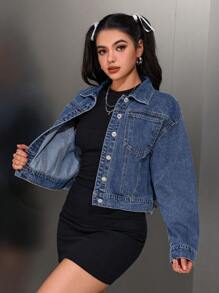 SHEIN EZwear Autumn Casual Water-Washed Cropped Denim Jacket - Dark Wash - View 1