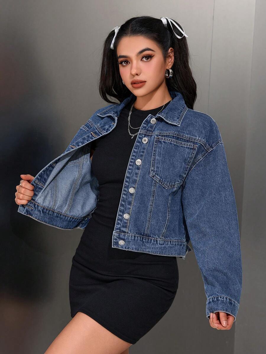 SHEIN EZwear Autumn Casual Water-Washed Cropped Denim Jacket - Dark Wash - View 1