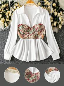 DreamSkyne Elegante A-Linien Bluse mit Puffärmeln und Taille Raffung, Vintage Jacquard Stoff mit asymmetrischer Farbakzent, V-Ausschnitt für Große Größen - Verschiedenfarbig - Übersicht 1