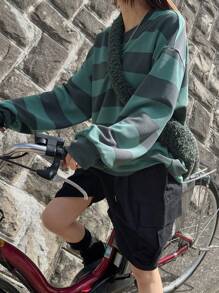 FRIFUL Women's Casual Contrasting Striped Loose T-Shirt, Autumn