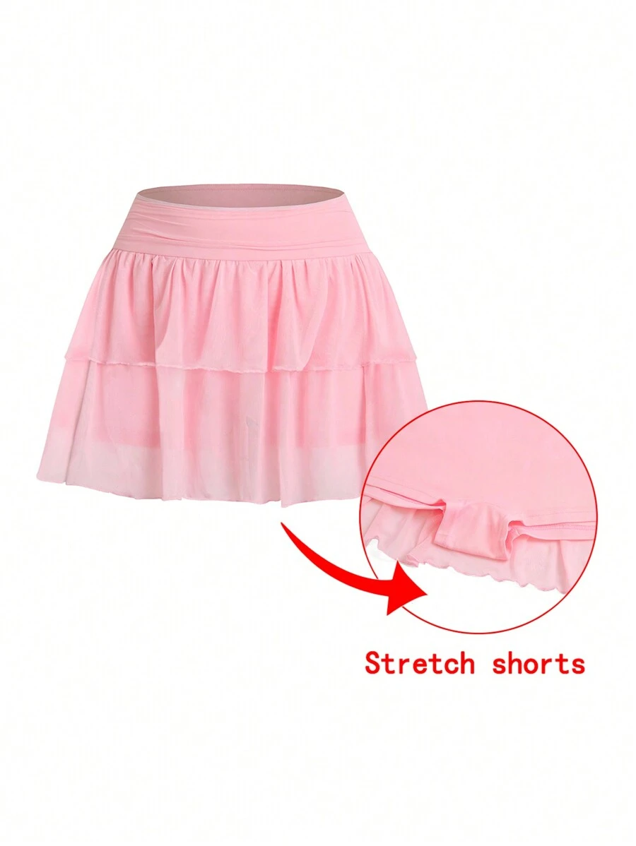 Celure Plus Size Mesh Knit Tulle Layered Tutu Skirt - Pink - View 1