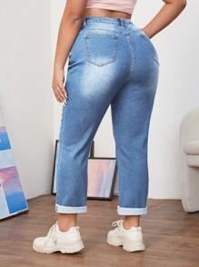 SHEIN ICON Große Größen Lässig gewaschene minimalistische Jeans mit Taper-Passform - Mittele Waschung - Übersicht 2