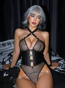 异域朋克风铆钉扣链条网眼连体衣，皮革材质，性感