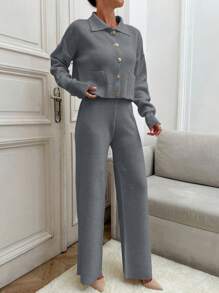 EURMUSE Korean Style Ribbed Polo Collar Knit Cardigan With Metal Buttons, 2pcs Set For Slouchy Chic - Light Grey - View 3