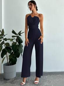 Firerie 女士优雅不对称紧身抹胸上衣和高腰仿骨直筒裤 - 藏蓝色 - 查看 7